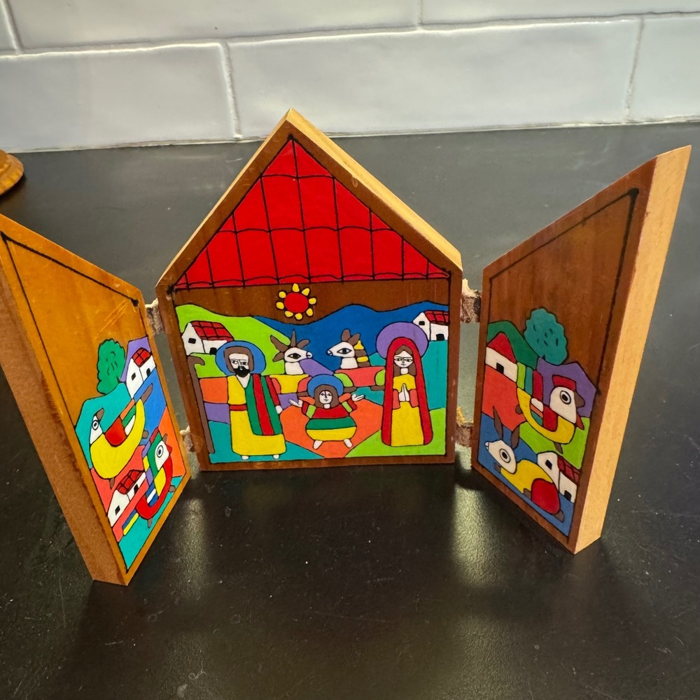 La Palma Triptych Nativity Scene Small Multicolor Hand Painted Wood Folk Art